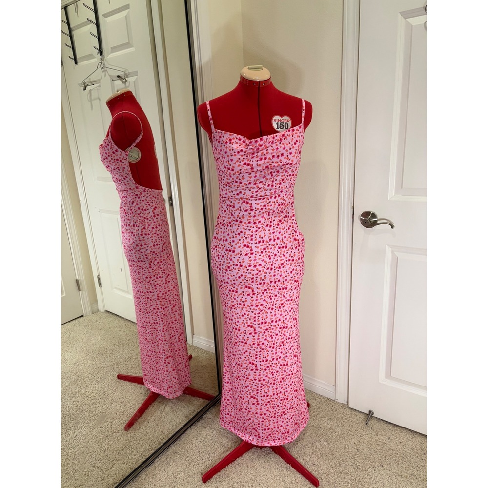 Pink Floral Cowl Neck Maxi Dress Open Back Spaghetti Strap Summer Slip Dress